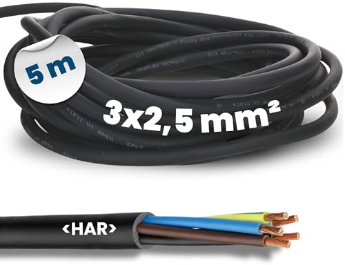 Kalitec Câble en Caoutchouc H07RN-F 5m 3x2,5 mm² Cordon Secteur Noir | Fil électrique flexible pour chantier et extérieur, résistant aux UV et à l'huile, conforme à la norme européenne HAR