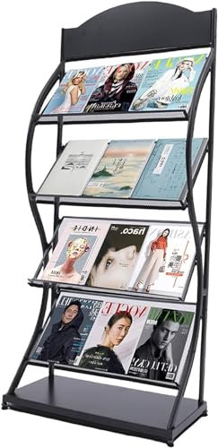 Porte-revues Porte-revues Porte-revues à 4 Niveaux sur Pied Porte-journaux Manuel Support de Rangement pour Livres Présentoir pour Magazines en Fer (Noir)