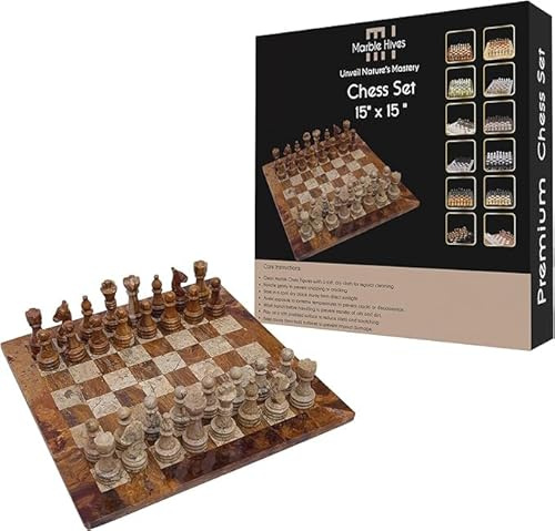 Handgefertigtes Marmor-Schachset - Schwarz & Angori (30,5 x 30,5 cm) - Schachsets für Erwachsene - Schachbretter in Premium-Qualität - Fancy Chess Boards (Red & Coral)