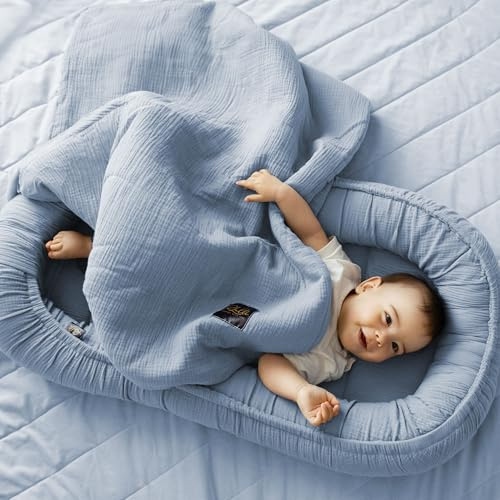 PALULLI® Nido per neonati 2 in 1 con coperta per neonati, in 100% mussola, di alta qualità, 100 x 60 cm, con chiusura in velcro, paracolpi per neonati e neonati