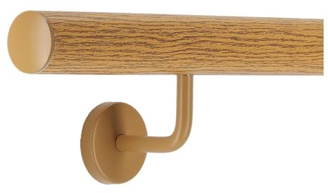 TIBU Handlauf Aluminium Eiche Holz Dekor 30-600cm Wandhandlauf Treppe gewinkelte Edelstahlhalter, Länge 30 cm mit 2 Halter und leicht gewölbte Kappe