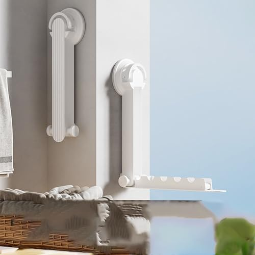 WAZUBC Wäscheständer mit Saugnapf, Einziehbar Faltbar Wandmontage Aluminiumlegierung Saugnapf Aufbewahrung Aufhänger für Balkon, Wäsche, Badezimmer (weiß)