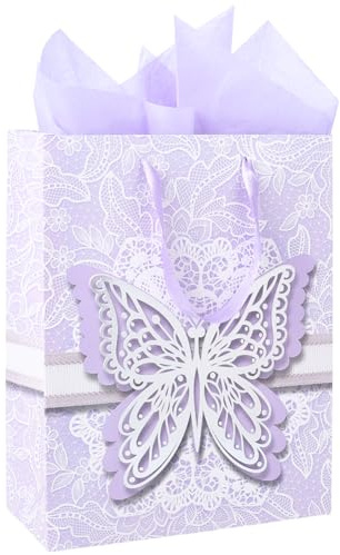 SOFPLATE 9.8 x 12.6 Zoll Schmetterlings Geburtstagstüten Vintage Papiertüten Mit Griff Seidenpapier Lila Bedruckt Tier Insekten Einkaufsverpackung Aufbewahrung Rechteckiges Papierset Für DIY Partygesc