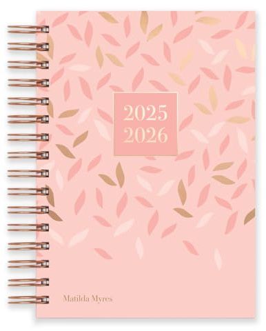 Jahresplaner 2025–2026, A5, ein Tag pro Seite, akademischer Jahresplaner mit Spiralbindung und festem Einband, roségoldene Details, Rosa
