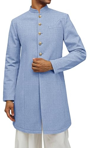 Runcati Mens Kurta Coats Indian Mandarin Collar Attire Ethnic Outfits Wedding Festive Party Clothing Casual Kaftan Robe Light Blue