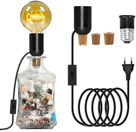 Lámpara de Mesa de Botella, DIY Portalámparas E27 Lampara de Botella con B22 Adaptador, Negro Lampara para Botella con 3 Tapones de Madera Decorativa Portalámparas para Botellas (Sin Bombillas)