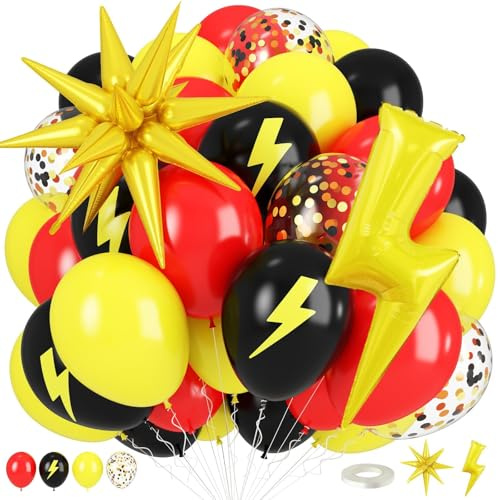 Red Yellow Black Balloons, Cartoon Theme Birthday Balloons with Large Lightning and Star Foil Balloon, Red Black Yellow Confetti Lightning Printed Balloon for Kids Boys Birthday Anime Party Decor