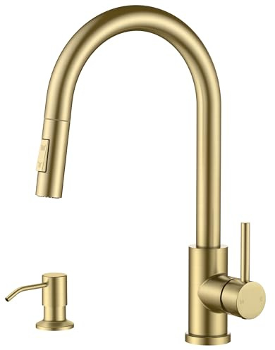 FORIOUS Gold Kitchen Faucet with Pull Down Sprayer, Modern Single Hole Kitchen Sink Faucet with Soap Dispenser, Deck Plate, Single Handle, High Arc Stainless Steel for RV Bar Farmhouse Laundry