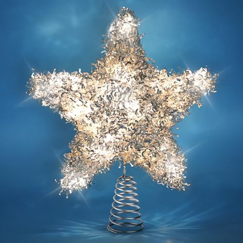 LAWOHO Christbaumspitze Tinselstern, Exquisite Weihnachtsdekoration, 10 Inch Glitzernd Silber Christbaumschmuck mit 6H Timer, 20 Warme LED Lichter für Weihnachtsbaum, Indoor/Outdoor