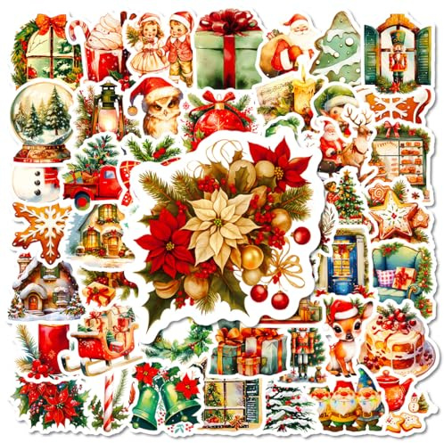 WeddHuis 50 Stück Vintage Weihnachtssticker mit Ästhetische Retro Mustern - Wasserfeste Vinyl Weihnachtsaufkleber zum Gestalten von Weihnachtskarten, Scrapbook, Laptop usw.