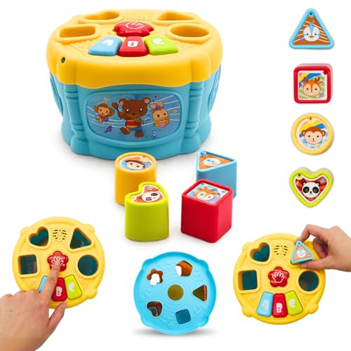 AMATOYS Juguetes Montessori para Bebés Cubo de Actividades con Formas Encajables, Luces y Sonidos – Bloques de Colores para Apilar y Ordenar – Juguetes Educativos 6-12 Meses y 1 Año (Amarillo)