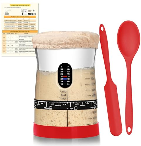 COCO BIRD Sourdough Starter Jar Kit,50oz Wide Mouth,Thermometer & Date Band | Makes up to 6 loaves, Mess-free feeding, Accurate tracking, Airtight storage, Beginner friendly, 17 exclusive recipes