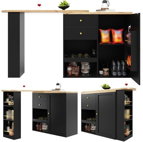 PLLBIKK 360° vridbar barbord (105 × 39 × 102 cm), med 2 lådor, skjutdörrskåp och 3 öppna hyllor, högbord med förvaringsutrymme för kök, matsal, vardagsrum och arbetsrum, svart