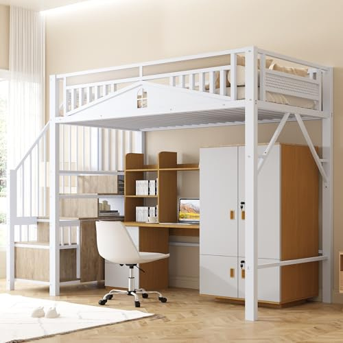 VIEKOS Metall-Hochbett 90x200cm, Einzigartiges Sicherheitsgehäuse mit Fenster, Sicherheitsleiter mit Spind, Weiß, Alte SKU ist LDT00275AAK