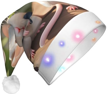 Zaixiansj Cappello di Natale con stampa di ratti per madre e bambino, cappello di Babbo Natale in peluche a LED per adulti, berretto da festa incandescente
