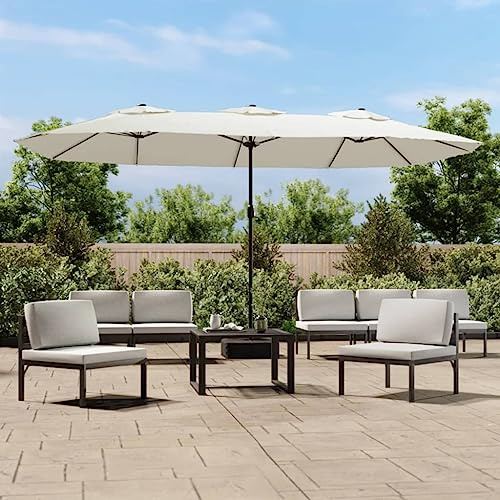 Parasol double avec lumières LED - Blanc sable - 449 x 265 cm - Résistant aux UV - Protection solaire stable avec manivelle - Avec support pour sac d'extérieur