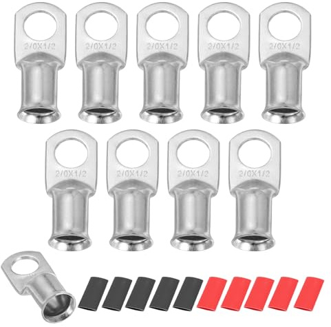 sourcing map 10 capicorda per batteria M8 da 1/0 AWG, terminali ad anello da 5/16 8 mm, terminali a crimpare per cavi, terminali in rame, tubi termorestringenti 2:1, argento