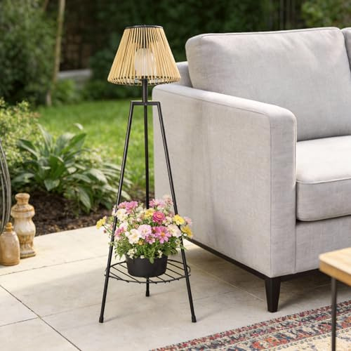 DJGIFI Solar Stehlampe Outdoor mit Blumenständer, Rattan Gartenlaterne | 2-in-1 Solar-Stehlampe & Pflanzständer. Dreibein-Design, 120cm hoch. Warmweißes LED, Kabellos & Wetterfest für Terrasse.