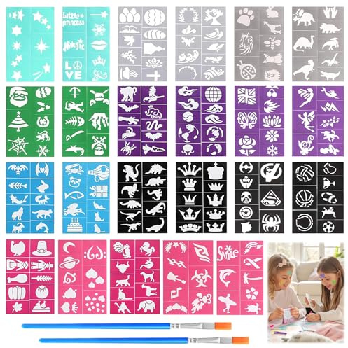Glitzer Tattoo Schablonen Kinder 204 Glitzer Tattoo Set Kinder Kinderschminken Vorlagen Schminkschablonen mit 3 Schminkstiften für Kinderschminke Partys Fasching Geburtstage Weihnachten Party