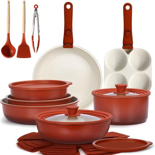GIPP 21PCS Pots and Pans Set Non Stick,Nonstick Cookware Set Detachable Handle,Pots for Cooking Non Stick with Removable Handle,RV Cookware Set,PFAS PFOA Free(Red Gradien,21PCS)
