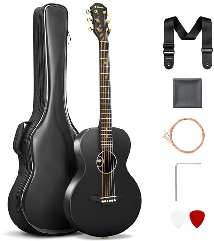 CAHAYA Carbon Fiber Acoustic Guitar 38 Inch Composite OM Body Waterproof | Travel Guitar Beginner Kit Low Action Easy Play Lightweight Steel String with Gig Bag for Students (Black)