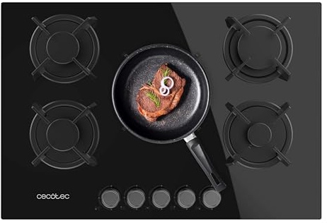 Cecotec Bolero Squad GN 5200S - Piastra a gas a 5 fuochi in vetro nero, 11 kW, pronta per gas naturale, vetro nero, griglie singole in ghisa, bruciatore wok, accensione rapida