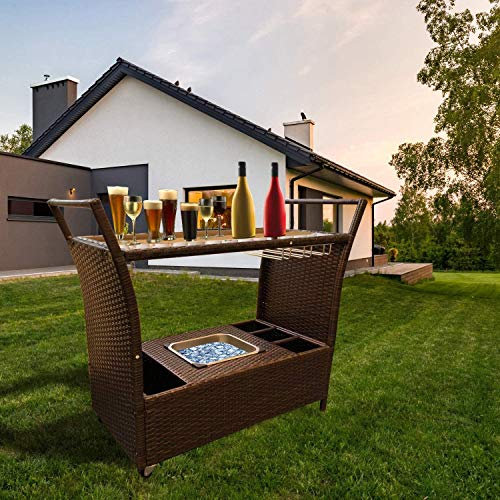 Chusstang Rattan Trolley Bar Outdoor Beer Drink Ice Cooler Table，Terrace Pool Party Garden kitchen Bar Dining Wine Holder Serving Cart Furniture Set
