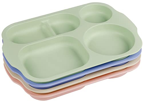 Greentainer Unbreakable Divided Dinner Plates for Kids - 11 Inch Lightweight Plates with 5 Compartments, Serving Platter Dishes for Camping Barbecue Baking, Microwave & Dishwasher Safe, Set of 4