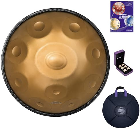 ASTEMAN Handpan in D Minor, 22 inches with 10 notes,Glod 432hz,comes with a backpack, courses, finger sleeves, stand, cleaning cloth, and two mallets.