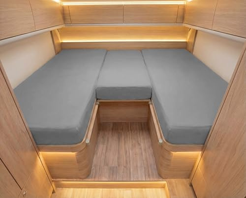 ENTSPANNO Luxus Spannbettlaken Wohnmobil - 3-teiliger Matratzenbezug aus Premium Jersey - Wohnwagen & Wohnmobil Zubehör - Bis 15cm Höhe - Lichtgrau