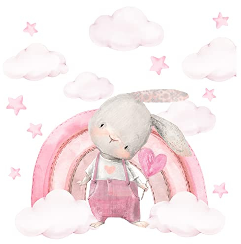 Little Deco Wandsticker rosa Regenbogen und Hase Wandtattoo für Kinderzimmer Baby Wandaufkleber Wanddeko DL826-4