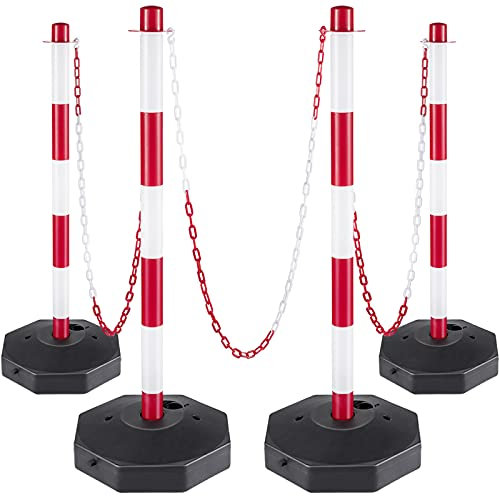 VEVOR Plastic Stanchion, 4pcs Chain Stanchion, Plastic Stanchion Kit with 32ft Chain 8 S-Hooks, PE Plastic White Stanchion for Warning/Crowd Control at Parking Lot, Construction Lot, Driveway Elevator