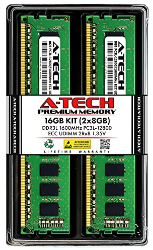 A-Tech Kit de servidor de 16 GB (2 x 8 GB) 2Rx8 PC3L-12800E DDR3 1600 MHz ECC UDIMM sin búfer de 240 pines de doble rango DIMM 1.35 V estación de trabajo módulos de memoria RAM (serie A-Tech