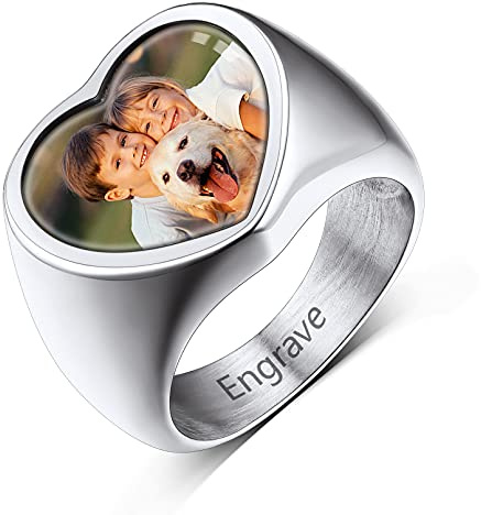 Custom4U Personalisierter Siegelring Herren Edelstahl mit Farbbild/Schwarzes Bild Gravur Memorial Männer Jungen Ehering Verlobungsring Silber/Schwarz/Gold Ringgröße 54.4(17.25)-72.3(22.75)