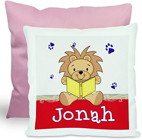 CreaDesign, Kinder Kissen 40x40 cm personalisiert mit Namen, Kinderzimmer Deko Kissen Kinder mit Füllung Federn, Motiv Leselöwe rot, Rückenfarbe Rosa