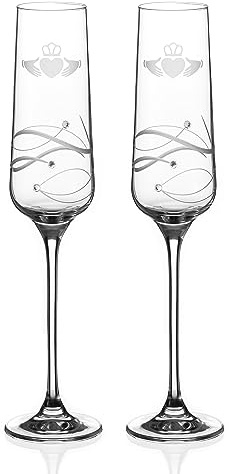 DIAMANTE Claddagh Champagne Flutes Prosecco Glasses - Pair of Hand Cut Gift Flutes with Claddagh Ring Symbol - Set of 2