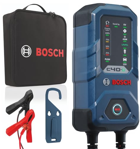 Bosch C40-Li Batterieladegerät, 5 A mit Erhaltungsfunktion, für 6 V/12 V Blei-Säure-, AGM-, EFB-, GEL-, SLI- und 12-V-Lithium-Batterien (LiFePO4), wird mit einem UK-Stecker geliefert