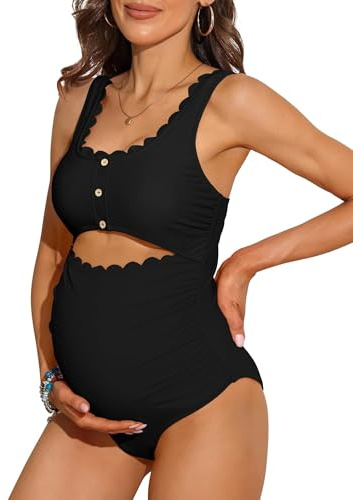 Charmo Maternity One Piece Swimsuit Scalloped Trim Bathing Suit Cut Out Pregnancy Swimwear Black M