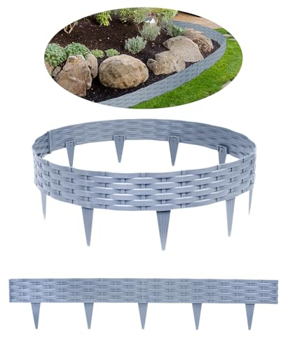 HENGMEI Rasenkanten Kunststoff Beetumrandungen 10m Beetumrandung Gartenpalisade Mähkante 10 stücke Rattan-Optik Randsteine Palisaden Gartenzaun, Grau