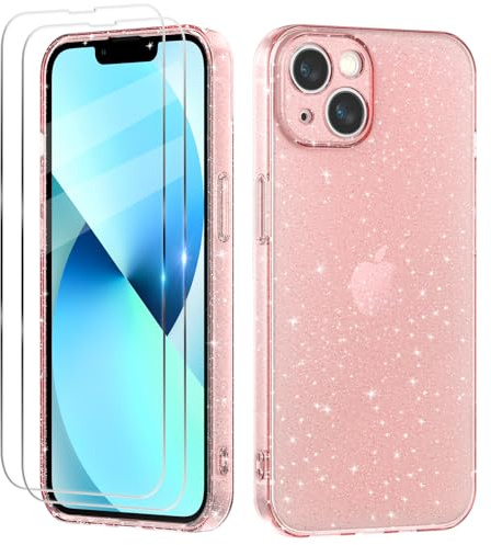 Tikgue Hülle für iPhone 13 mit 2 Stück Schutzfolie，Handyhülle Glitzer Transparent Silikon Stoßfeste Schutzhülle Slim Weich TPU Case Kompatibel mit iPhone 13 - Rosa