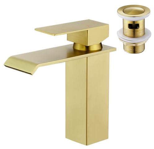 CREA Bathroom Tap Waterfall, Single Handle Bathroom Sink Mixer tap, One Hole Monobloc Basin Tap with Pop Up Drain, Brushed Gold