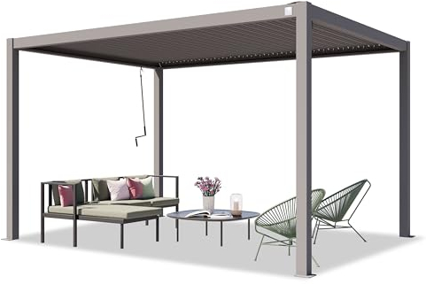 PRIMEYARD Pergola 3x4 m Aluminium-Pfosten mit Lamellendach aus Stahl graue Terrassenüberdachung