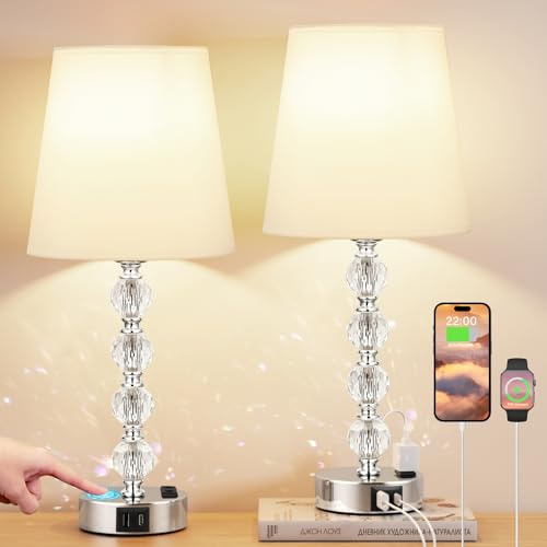 Kakanuo Lampe de Chevet Tactile avec Ports USB-A+C+Prise CA, 3 Intensité Variable, Lampe en Cristal Lot de 2, Abat-jour Blanc, Lampes de Table pour Chambre Salon D'enfant Bureau (Ampoules Incluse)