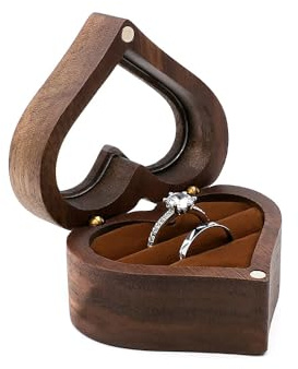 U·helper Heart-shaped Ring Box, Wooden Ring Jewelry Box with 2 Slots, Romantic Wedding Ring Holder with Transparent Cover, for Rings, Earrings, Engagement Ring Box for Anniversary, Proposal (Brown)