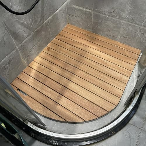 Caillebotis Douche Tapis de Douche Festonné en Bois de Cèdre Naturel, Grande Planche de Salle de Bain en Bois Lourd Antidérapant, Grille de Drainage Rapide Personnalisable pour Le Camping de Bain(90cm