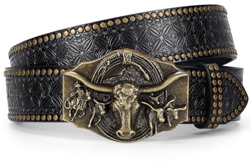 LEACOOLKEY Western cowboy läderbälte för män kvinnor cowgirl western landsbygdsbälte män spänne bälte för jeans byxor, A-kopparspänne svart, (110cm)Passform Taillenumfang 85cm-94cm