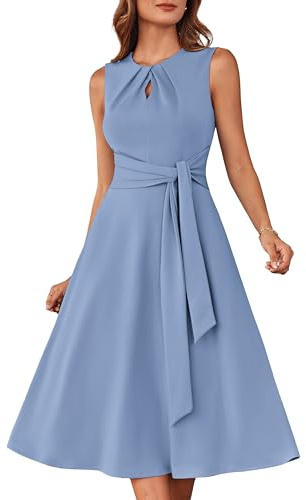 GRACE KARIN Damen A-Linien-Midikleid Ärmelloses Rundhalskleid mit Gürteltaschen Party Club Alltag Arbeit Hochzeit