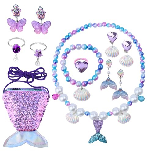 GTNCE Set de Joyería Sirena y Princesa para Niñas - Collar, Pulsera, Anillo, Pendientes, Cola de Sirena Bolso, Accesorios de Moda - Regalo de Cumpleaños y Navidad, Juego de Rol y Vestirse