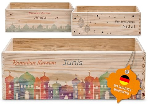 Amari ® Personalisierte Kiste Ramadan (012.01) - Ramadan Kalender 2025 aus Holz mit Namen - Kalender für Kinder & Erwachsene (Holzkiste)