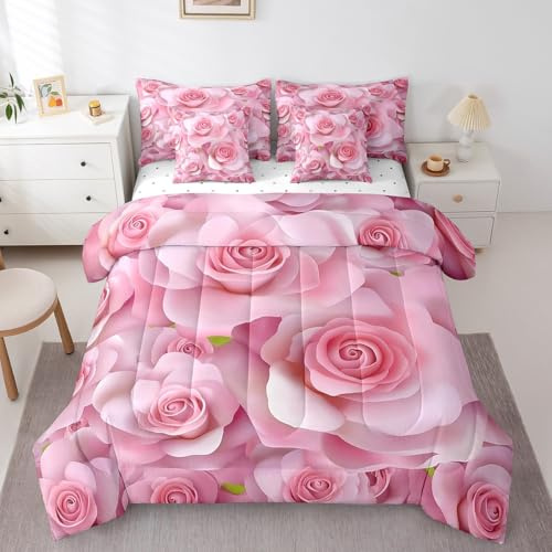 Feelyou Pink Rose Comforter Set with Sheets Queen Size Kids Rose Floral Flower 7 Pieces Bedding Set Boys Girls Teens Rose Floral Flower Bed in a Bag Breathable Romantic Bed Set Valentine's Day